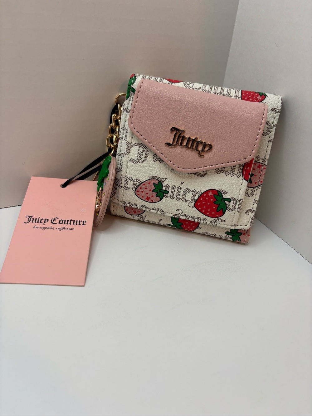 Juicy Couture Strawberry Mini Crossbody Wristlet Wallet Pink White NWT